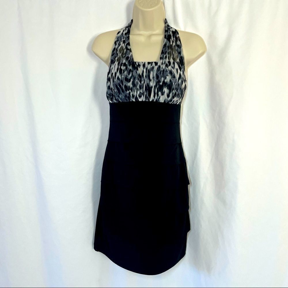 Women’s black and leopard mini dress with halter tie in back